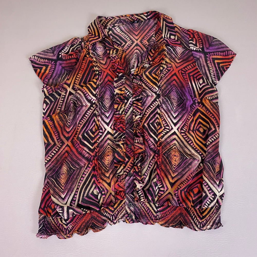 East 5th Blouse Women's 2X Purple Orange Geometric Ruffle‎ Smocked Short Sleeve